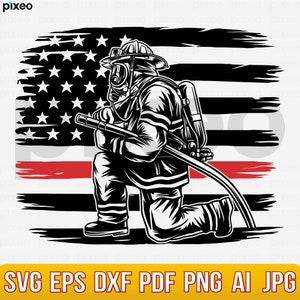 May include: Black and white illustration of a firefighter kneeling in front of an American flag. The firefighter is wearing a helmet and a gas mask. The flag is tattered and has a red stripe at the bottom.