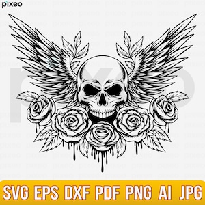 Skull With Wings and Roses SVG Clipart: Cricut Cut Files