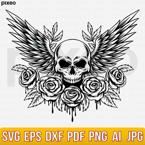 Skull With Wings SVG, Skull with Flowers SVG, Skull SVG,  Skull and Roses Clipart, Skull Vector, Skull Cricut, Skull Cut Files, Skull Shirt