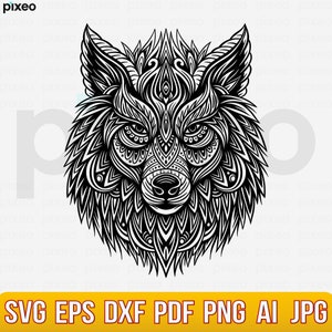 Könnte beinhalten: Schwarzweißes, kompliziertes Linienkunstdesign eines Wolfskopfes. Das Gesicht des Wolfes ist mit einem geometrischen Muster verziert.
