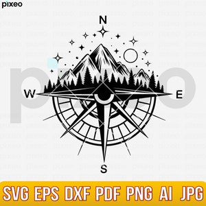 Compass Svg, Nautical Compass Svg, Compass Clipart, Compass Vector, Compass Cricut, Compass Cutfile, Mountain Compass Svg, Compass Star Svg