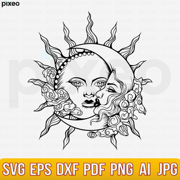 Sun And Moon Svg, Celestial Svg, Sun Svg, Moon Svg, Sun And Moon Clipart, Bohemian Svg, Sun And Moon Cricut, Boho Svg, Moon Phase Svg Png