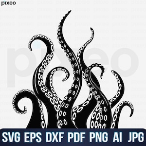 May include: Black and white silhouette of an octopus with multiple tentacles. The tentacles are curled and have a pattern of circles.