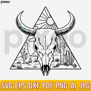 Cow Skull Desert Svg, Cow Skull Svg, Cow Svg, Bull Svg, Desert Cactus Svg, Cow Skull Boho Svg, Cow Clipart, Cow Cricut, Cow Cutfile Svg Png