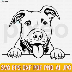 May include: Black and white line art illustration of a pit bull dog peeking over a surface with its tongue sticking out. The dog has a happy expression on its face.