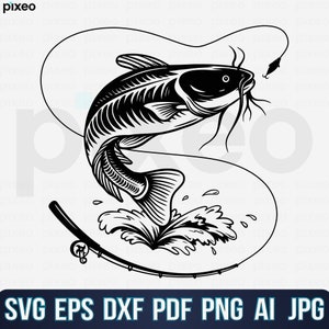 ナマズ釣り SVG、釣り SVG、ナマズ魚 SVG、ナマズクリップアート、ナマズベクター、ナマズクリカット、ナマズカットファイル、ナマズシャツ SVG PDF