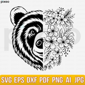 Bear With Flowers Svg, Bear Svg, Bear Flower Svg, Bear Head Svg, Bear Clipart, Bear Cricut, Bear Cut file, Bear Shirt, Bear Face SVG PNG PDF