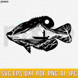 Crappie Fishing SVG: Fisherman in Boat, Mountain Scene (Digital Download)