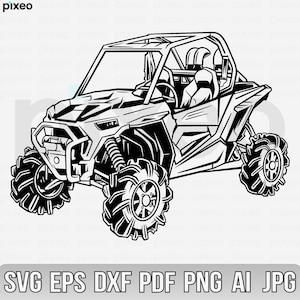 Puede incluir: Ilustración en blanco y negro de línea de arte de una vista lateral de un vehículo todoterreno de cuatro ruedas con neumáticos grandes. El vehículo tiene una jaula antivuelco y un asiento de conductor.
