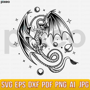 May include: A black and white line art illustration of a dragon with its wings spread wide. The dragon is surrounded by stars and planets, creating a celestial theme.