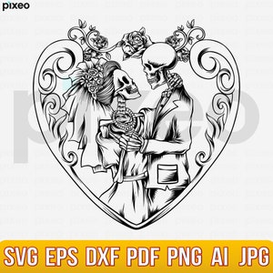 Squelette mariage Svg, crâne amoureux Svg, morts amoureux Svg, gothique mariée marié, mariage tête de mort Svg, mariée tête de mort Svg, mariage amoureux Svg Png