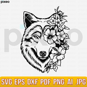 Wolf With Flowers SVG: Floral Wolf Clipart, Cricut Cut File (PNG, PDF)