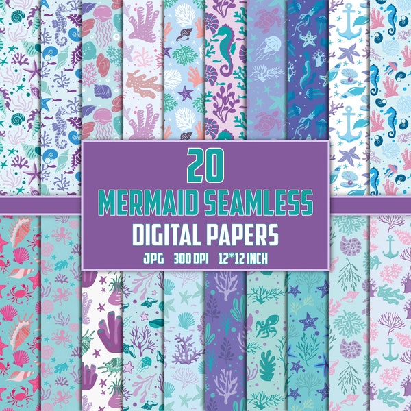 Mermaid Digital Paper, Mermaid Seamless Pattern, Mermaid Prints, Mermaid Background, Ocean Digital Paper, Mermaid Patterns, Mermaid Fabric