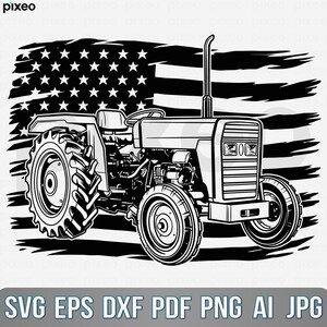 May include: Black and white illustration of a tractor with the American flag in the background. The tractor is detailed with large tires, a steering wheel, and a smokestack. The image includes the text "SVG EPS DXF PDF PNG AI JPG".