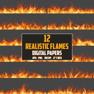 May include: Twelve digital papers featuring realistic flames in various shades of orange and yellow. The flames are set against a transparent background. The text "12 REALISTIC FLAMES DIGITAL PAPERS JPG - PNG 300 DPI 12"*3" INCH" is displayed in a black rectangle.