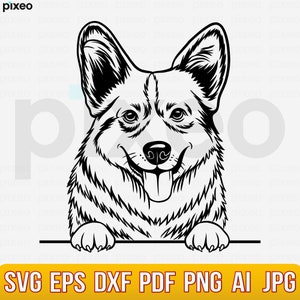 Può includere: Illustrazione in bianco e nero di un cane Corgi sorridente. L'immagine mostra la testa e le zampe del cane, con il testo "SVG EPS DXF PDF PNG AI JPG" in un banner giallo in basso.
