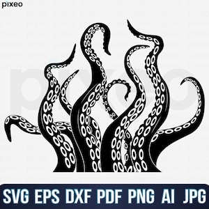 May include: Black and white silhouette of an octopus with multiple tentacles. The tentacles are curled and have a pattern of circles.