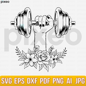 May include: A black and white illustration of a hand holding a dumbbell with a floral design underneath. The dumbbell is made up of two round weights connected by a metal bar.