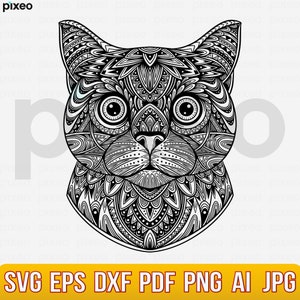 Cute Cat Svg, Cat Mandala Svg, Cat Clipart, Mandala Svg, Cat Cricut, Cat Vector, Cat Cut file Cat Shirt, Cat Face Svg, Cat Zentangle Svg Png