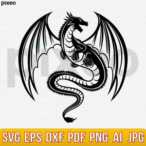 May include: Black dragon illustration with outstretched wings, a long tail, and sharp claws. The dragon is a silhouette, with detailed lines defining its scales and features. The image includes the text "SVG EPS DXF PDF PNG AI JPG" in a yellow banner.