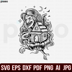 May include: Black and white illustration of a witch with a house on her head. The witch has long hair and a sinister smile. The house is a small, wooden structure with a chimney. The image is set against a white background.