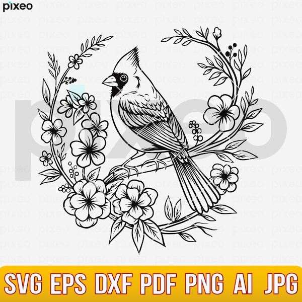 Red Cardinal Svg, Cardinal Clipart, Cardinal Cricut, Cardinal Vector, Cardinal Cut file, Cardinal Shirt, Cardinal With Flowers Svg, Bird Svg