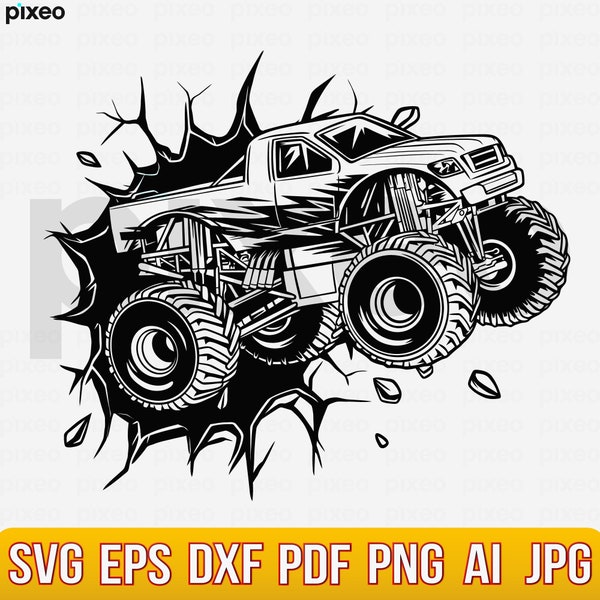 Monster Truck in the Wall Svg, Monster Truck Clipart, Off Road Svg, Extreme Vehicle, Monster Truck Svg, Monster Truck Shirt, Big Truck Svg