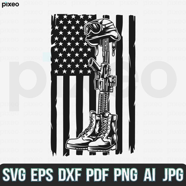 Fallen Soldier Tribute Svg, US Soldier Svg, US Army Svg, US War Hero Svg, Boots Gun Helmet Usa Flag, Soldier Memorial Svg, Military Svg Png