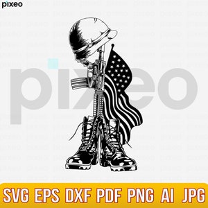 May include: A black and white illustration of a military helmet, rifle, boots, and an American flag. The rifle is standing upright with the helmet on top and the boots at the base. The American flag is draped over the rifle.