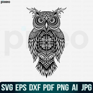 Owl Mandala SVG: Zentangle Clipart, Cricut Cut File (Digital Download)