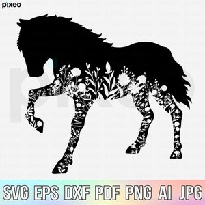Floral Horse SVG: Rustic Flower Silhouette Cut File