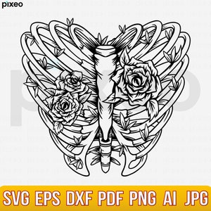 Rib Cage Heart With Rose Svg, Ribcage Flowers Svg, Skeleton Rib Cage Heart  Svg, Skeleton Svg, Flower Ribs Heart Svg, Skeleton Chest Clipart