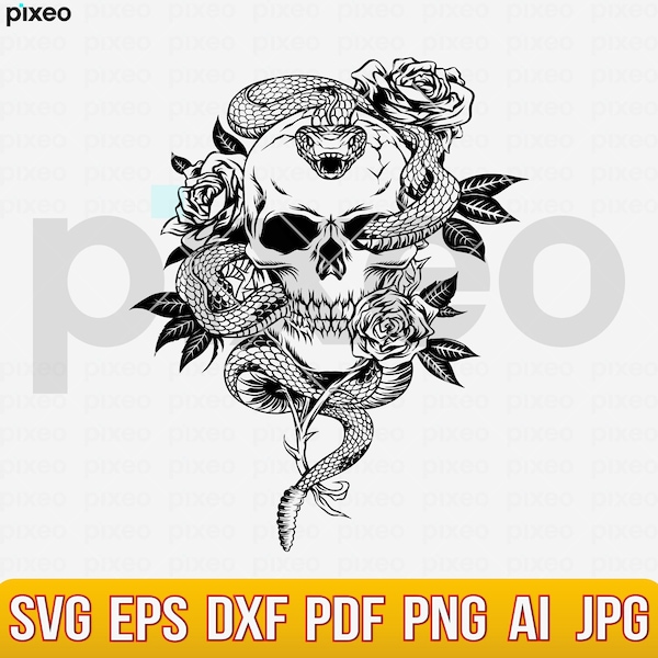 Skull Snake Svg, Floral Snake Skull Svg, Skull Svg, Snake Svg, Flower Skull Svg, Skull Clipart, Skeleton Svg, Skull Cutfile,Skull Cricut Png