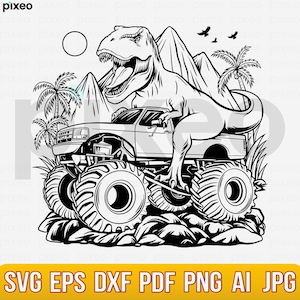 T rex With Monster Truck Svg, T Rex Scratch Svg, Dinosaur Svg, T rex Clipart, T rex Cut file, T rex Cricut, T ex Shirt, Dino Scratch Svg Png