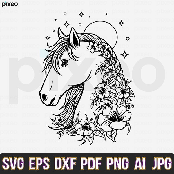 Horse With Flowers Svg, Horse Svg, Horse Flower Svg, Horse Head Svg, Horse Clipart, Horse Cricut, Horse Cut file, Horse Shirt,Horse Face SVG