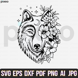Wolf With Flowers SVG: Floral Wolf Clipart, Cricut Cut File (PNG, PDF)