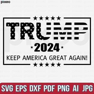 Puede incluir: Un diseño gráfico en blanco y negro con el texto "TRUMP" en letras grandes con un patrón de estrellas y rayas. El texto "*2024*" está debajo de la palabra "TRUMP" y el texto "KEEP AMERICA GREAT AGAIN!" está debajo del año. Hay cinco estrellas encima de la palabra "TRUMP" y cinco estrellas debajo del texto "KEEP AMERICA GREAT AGAIN!"