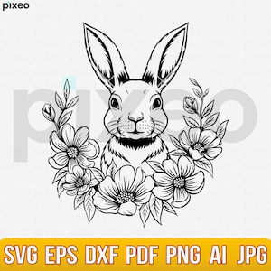 Bunny with Flowers Svg, Floral Bunny Svg, Rabbit Svg, Easter Bunny Svg, Flower Bunny Svg, Cute Bunny Svg, Bunny Clipart, Rabbit Face Svg Png