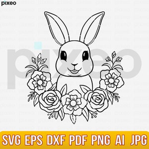 Bunny with Flowers Svg, Floral Bunny Svg, Rabbit Svg, Easter Bunny Svg, Flower Bunny Svg, Cute Bunny Svg, Bunny Clipart, Rabbit Face Svg Png