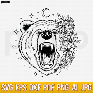 Bear With Flowers Svg, Bear Svg, Bear Flower Svg, Bear Head Svg, Bear Clipart, Bear Cricut, Bear Cut file, Bear Shirt, Bear Face SVG PNG PDF