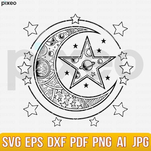 Mandala Lua Estrela SVG: Arquivo Celestial Cricut Cut (Download Digital)