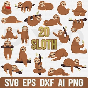 May include: A set of 20 sloth illustrations in various poses, including hanging, sleeping, and sitting. The sloths are brown with black eyes and are surrounded by green leaves. The text "20 Sloth" is displayed in a gold font.