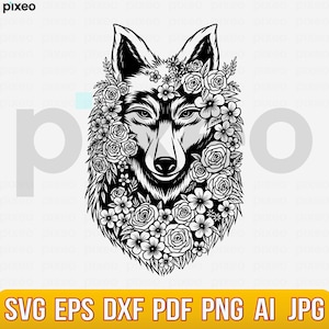 Wolf With Flowers SVG: Floral Wolf Clipart, Cricut Cut File (PNG, PDF)