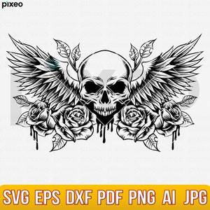 Skull With Wings SVG, Skull with Flowers SVG, Skull SVG,  Skull and Roses Clipart, Skull Vector, Skull Cricut, Skull Cut Files, Skull Shirt