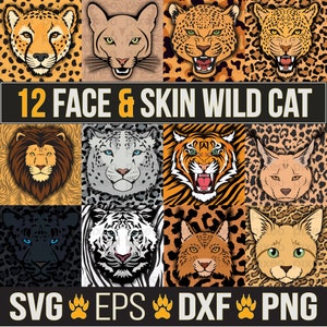 大型猫 SVG バンドル、野生猫 SVG、動物の皮 SVG、虎王 SVG、虎 SVG、ライオン SVG、大型猫ベクター、大型猫クリップアート、ヒョウ、チーター