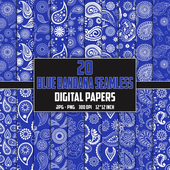 Blue Bandana Paisley Seamless Pattern: 20 Digital Papers (PNG, JPG)