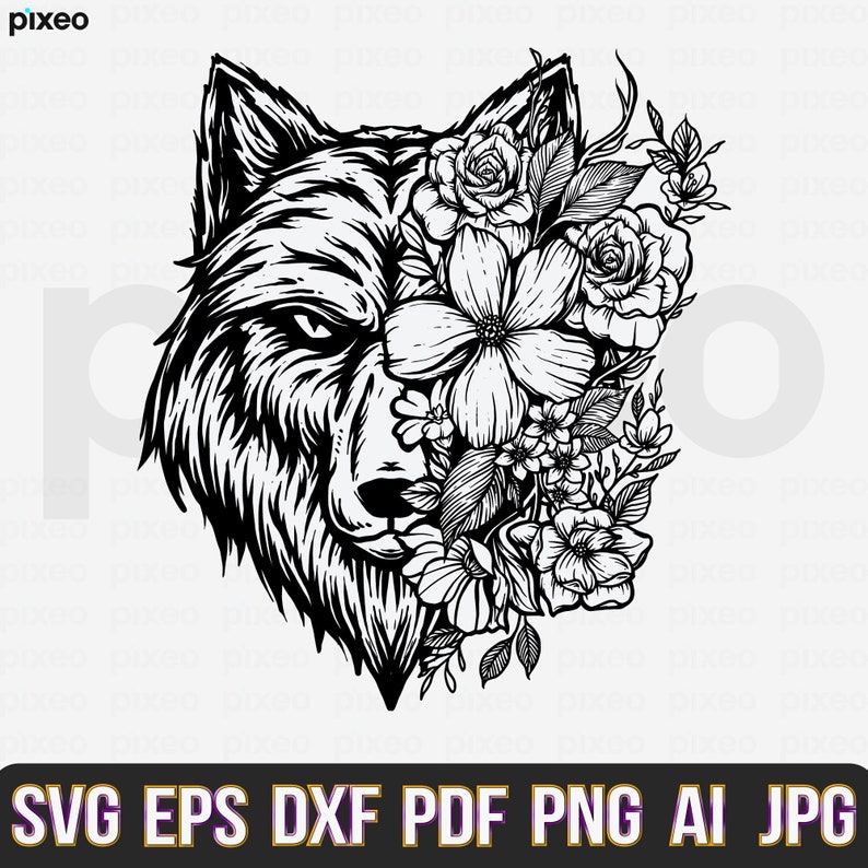 Wolf With Flowers Svg Wolf Svg Wolf Flower Svg Wolf Head | Etsy