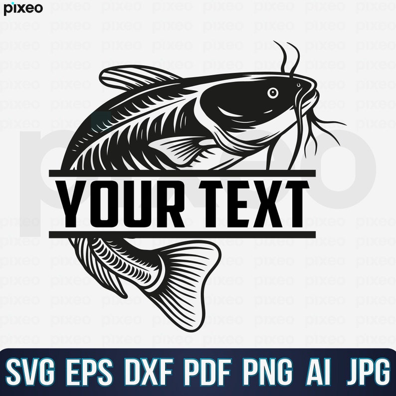 May include: Black and white illustration of a catfish with the text "YOUR TEXT" in a banner below it.