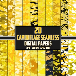 May include: 20 digital papers featuring camouflage patterns in yellow, green, and black. The papers are 12x12 inches and 300 DPI.