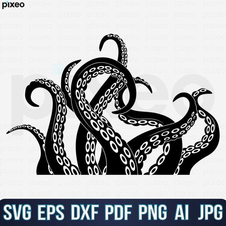 May include: Black and white silhouette of an octopus with multiple tentacles. The tentacles are curled and twisted, creating a dynamic and intricate design.